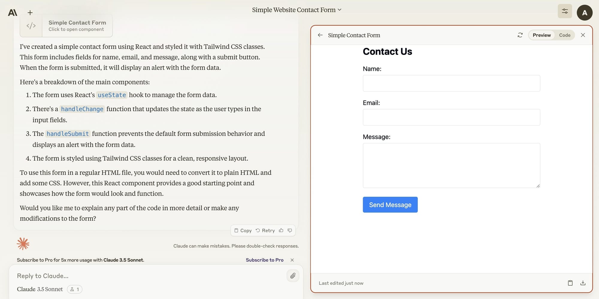 React contact form in Claude's playground