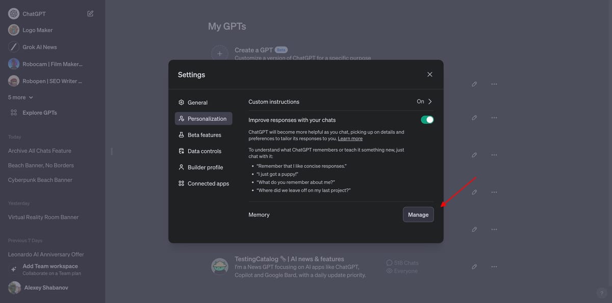 ChatGPT is working on a Personalization memory management