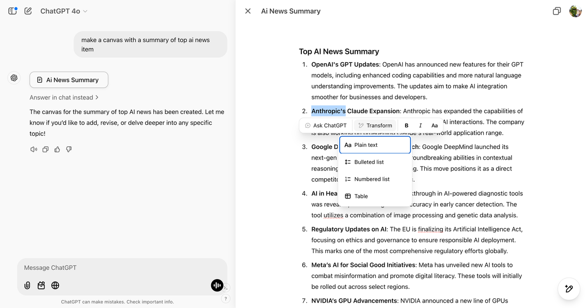 ChatGPT's New Canvas: React Rendering & Text Transformation!