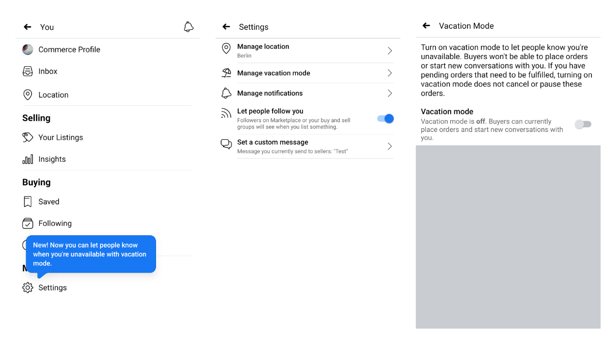 How to set a vacation mode for Facebook Marketplace on Android